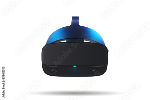 3D render of VR headset with goggles and controllers on white background