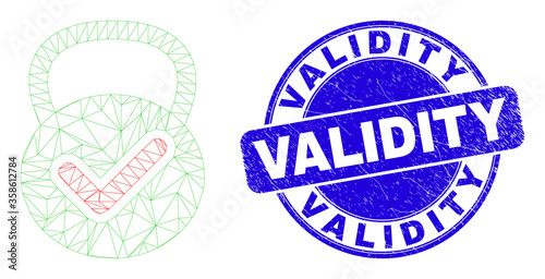 Web carcass valid weight pictogram and Validity seal stamp. Blue vector rounded grunge seal stamp with Validity title. Abstract frame mesh polygonal model created from valid weight pictogram.