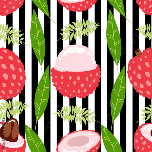 Seamless pattern of lychee - tropical fruit and leaves on striped background. Tropical fruit in modern pop art style. Summer food - Vector photo