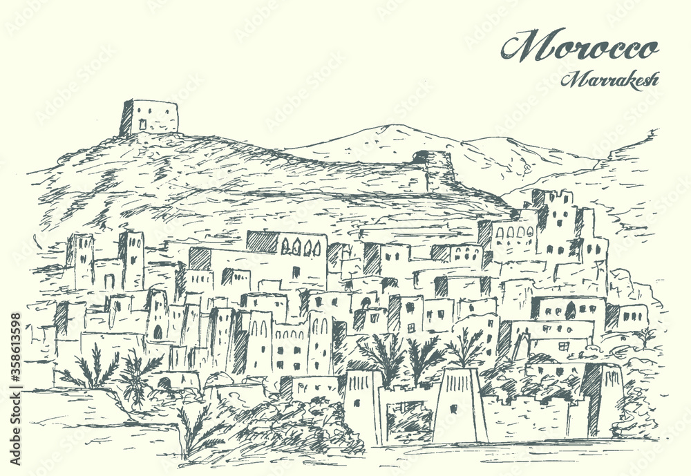 Morocco Marrakesh ancient city landscape hand drawn isolated vector illustration
