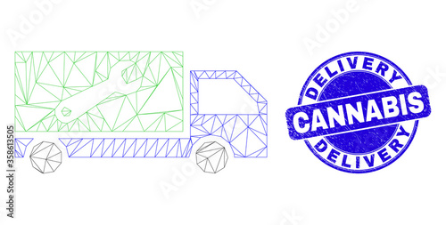 Web mesh repair lorry pictogram and Delivery Cannabis seal stamp. Blue vector rounded scratched seal with Delivery Cannabis title. Abstract carcass mesh polygonal model created from repair lorry icon.