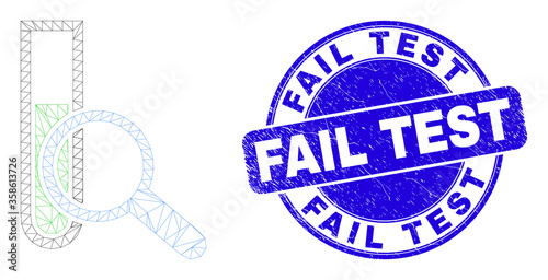 Web carcass explore test-tube pictogram and Fail Test seal stamp. Blue vector round scratched seal stamp with Fail Test text.