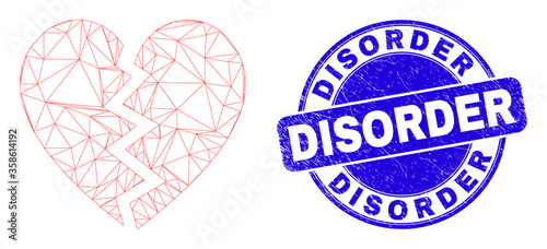 Web carcass broken heart pictogram and Disorder seal. Blue vector round textured seal with Disorder title. Abstract carcass mesh polygonal model created from broken heart pictogram.