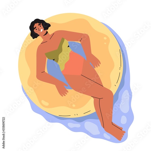 Girl swimming in inner tube or swim ring in pool, sea or ocean. Summer theme illustration with resting in water smiling woman enjoing vacation, resting and sunbathing isolated on white background.