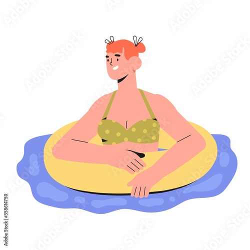 Girl swimming in inner tube or swim ring in pool, sea or ocean. Summer theme illustration with resting in water smiling woman enjoing vacation, resting and sunbathing isolated on white background.