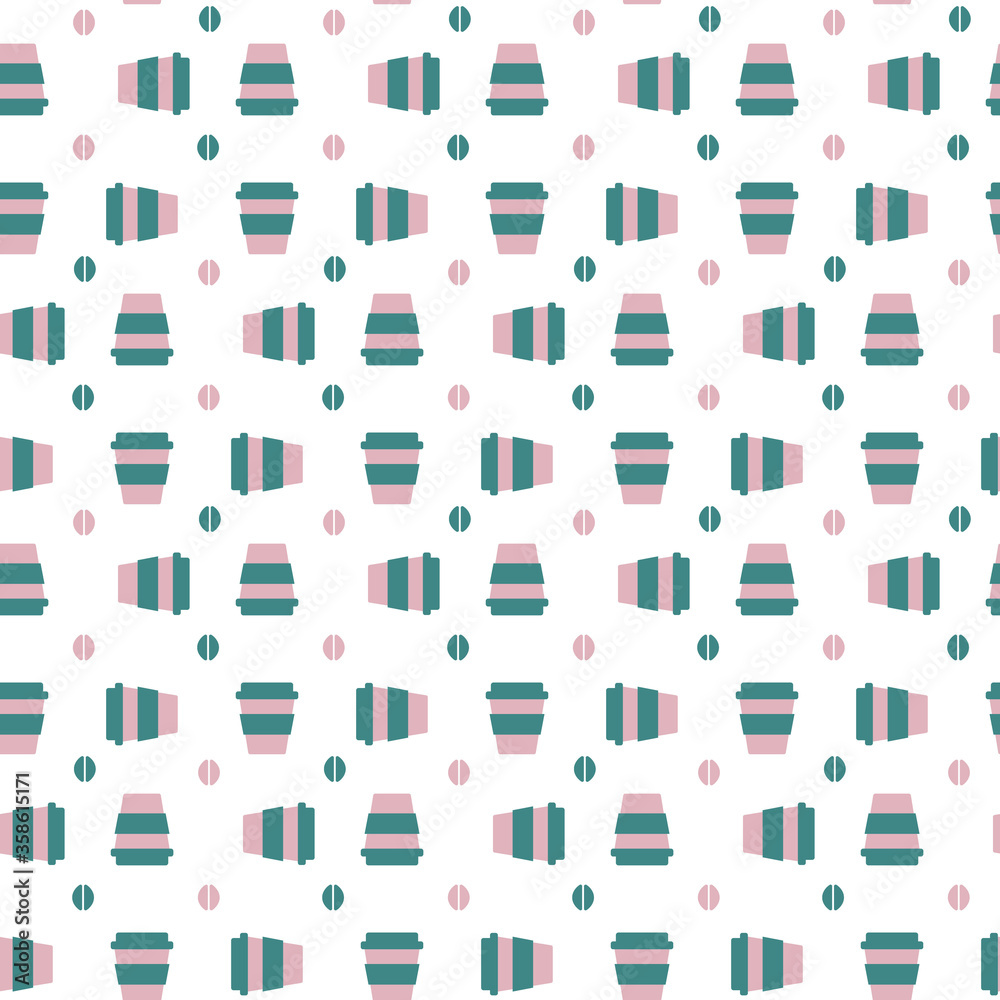 Vector seamless coffee cup pattern. Repeat motif with morning coffee hot drink and coffee beans in green and pink color on white background Vector seamless coffee cup pattern. Repeat motif with morning coffee hot drink and coffee beans in green and pink color on white background