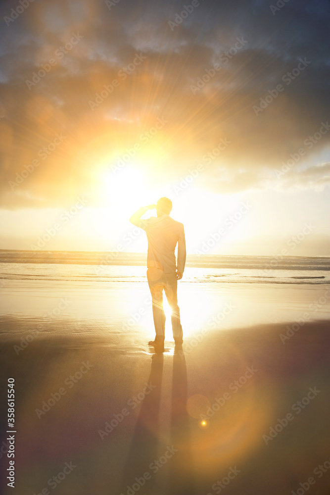 Fototapeta premium Young Businessman Standing on the Beach