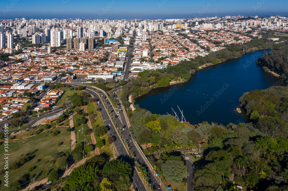 Taquaral lagoon in Campinas at dawn, view from above, Portugal park, Sao Paulo, Brazil