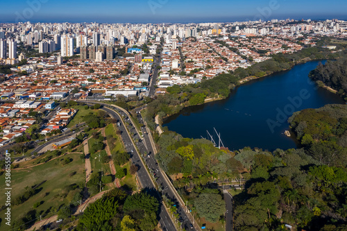 Taquaral lagoon in Campinas at dawn, view from above, Portugal park, Sao Paulo, Brazil