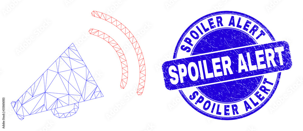 Obraz premium Web mesh megaphone sound icon and Spoiler Alert seal stamp. Blue vector rounded scratched seal with Spoiler Alert message. Abstract frame mesh polygonal model created from megaphone sound icon.