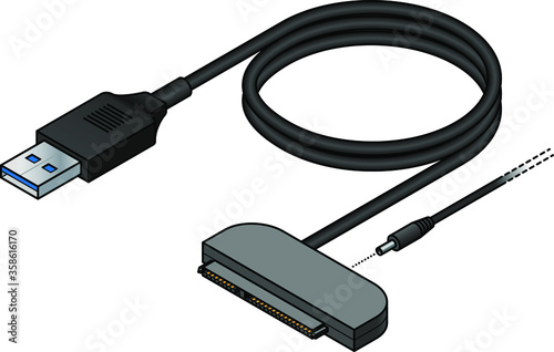 A USB (universal serial bus) cable adapter. USB type A to SATA 22-pin. With barrel DC power plug.