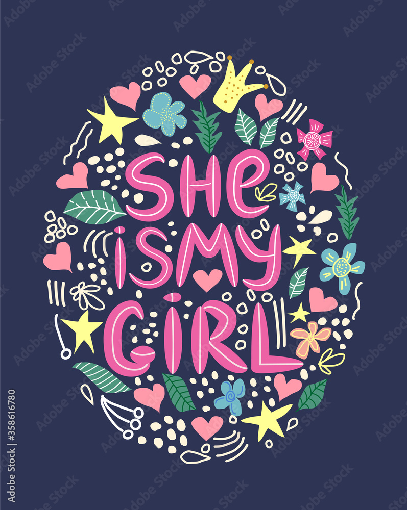 lgbt quote I am her girl, She is my girl concept, print, postcard, banner in a beautiful thematic frame of hearts, flowers, crowns. lettering