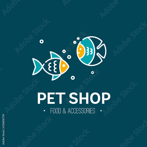 Logo for pet shop, veterinary clinic, pet store. Flat style design, vector illustration. Fish with bubbles.