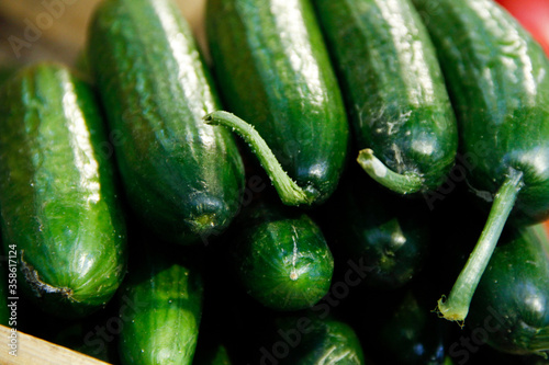 Green cucumbers in a pile in the grocery