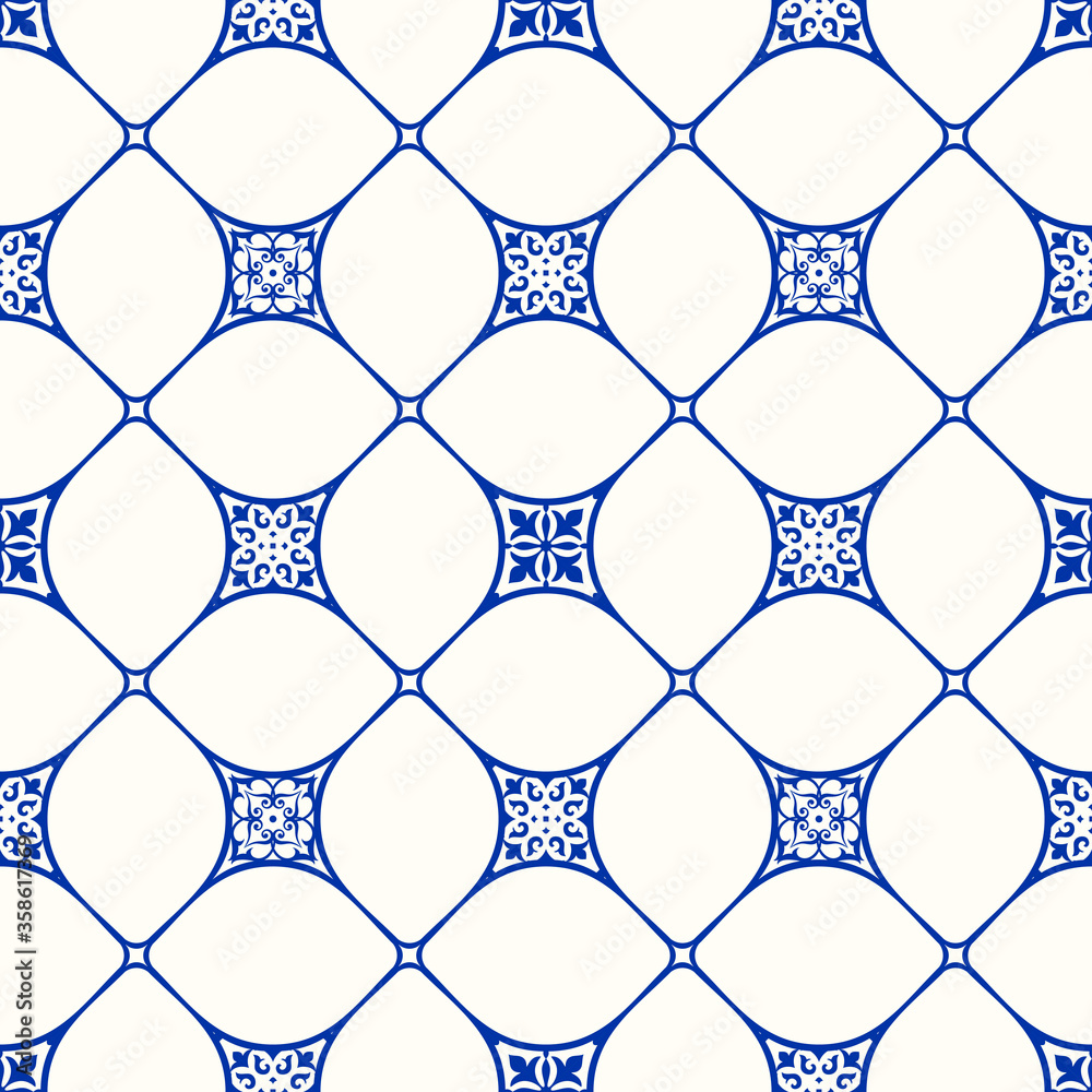 Fototapeta premium Seamless patchwork pattern. Majolica pottery tile. Portuguese and Spain decor. Azulejo. Ceramic tile in talavera style