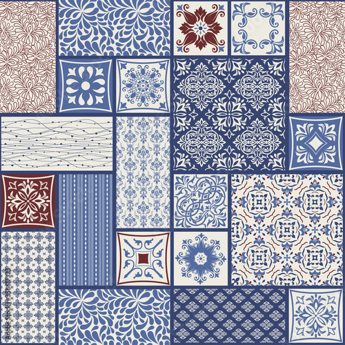 Seamless patchwork tile with Victorian motives. Majolica pottery tile, blue and white azulejo, original traditional Portuguese and Spain decor. Vector illustration 