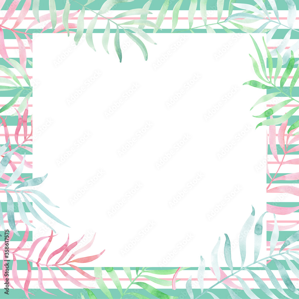 Square Summer template with tropical leaves isolated with white place 