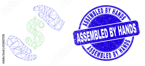 Web carcass hands care dollar pictogram and Assembled by Hands seal. Blue vector rounded distress seal stamp with Assembled by Hands phrase.