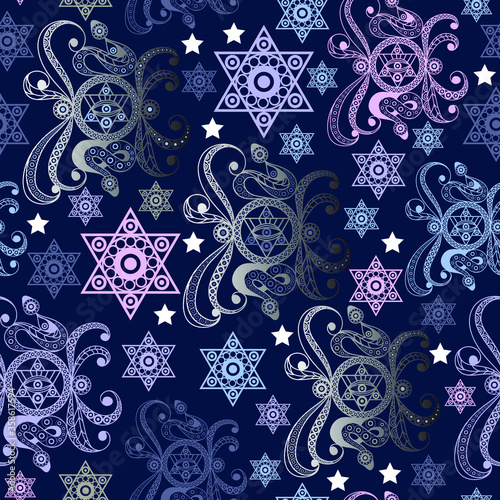 Seamless background with occult symbol. Masonic (freemasonic) texture (pattern). Suitable for textile, wallpapers, print, wrapping, scrapbooking, book cover, cloth design. Vector illustration.