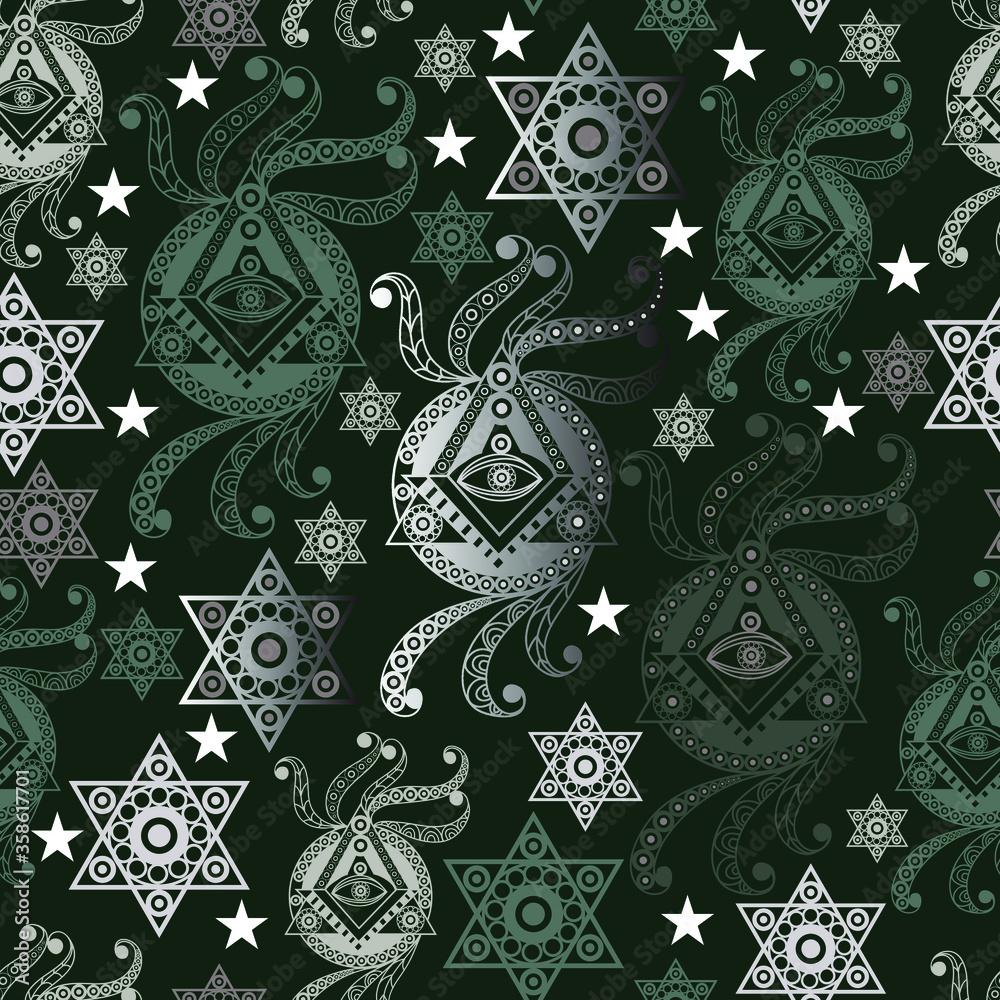 Seamless background with occult symbol. Masonic (freemasonic) texture (pattern). Suitable for textile, wallpapers, print, wrapping, scrapbooking, book cover, cloth design. Vector illustration.