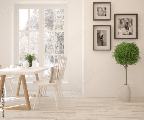Fototapeta Naklejka Na Ścianę i Meble -  White dinner room with winter landscape in window. Scandinavian interior design. 3D illustration