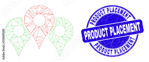 Web mesh map markers icon and Product Placement seal. Blue vector rounded textured watermark with Product Placement message. Abstract carcass mesh polygonal model created from map markers icon.