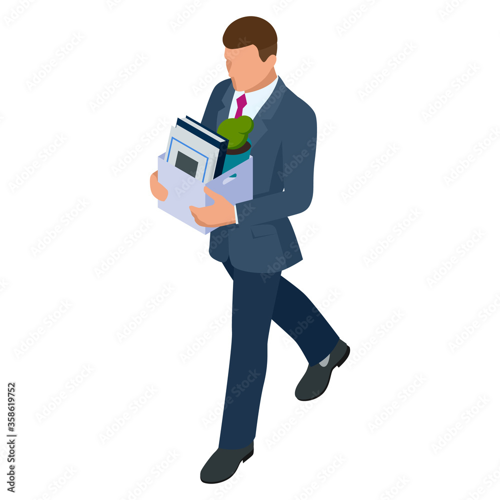 Isometric businessman isolated on write. dismissed frustrated business person holding a box with his things. Unemployment, crisis, jobless and employee job reduction Isometric businessman isolated on write. dismissed frustrated business person holding a box with his things. Unemployment, crisis, jobless and employee job reduction