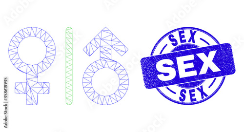 Web mesh gender symbols icon and Sex watermark. Blue vector rounded textured watermark with Sex title. Abstract carcass mesh polygonal model created from gender symbols icon.