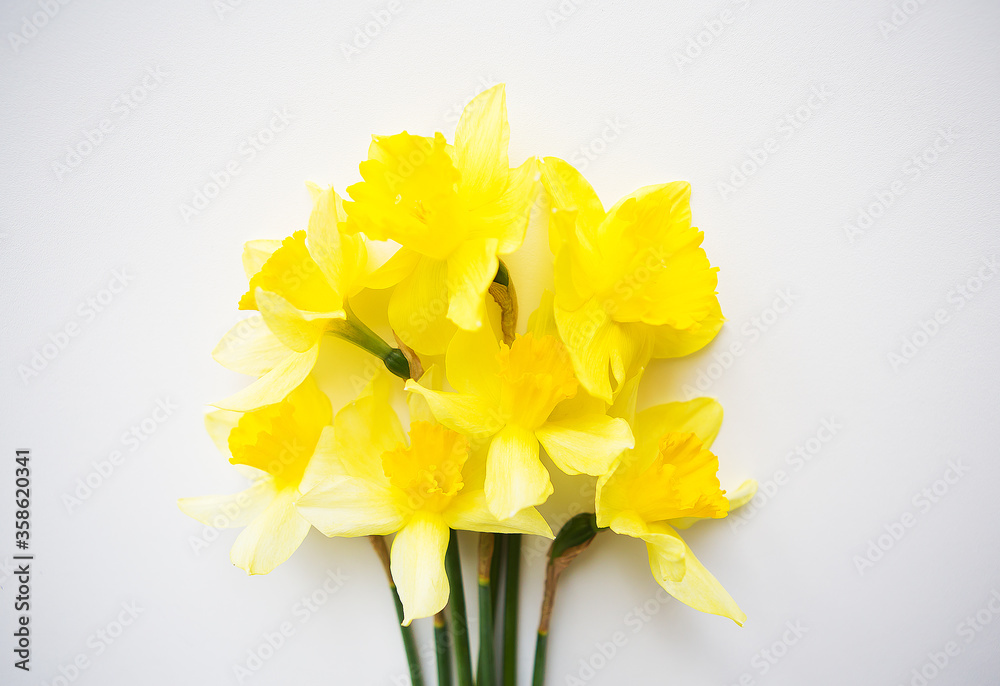Yellow bouquet of daffodils lying on white table