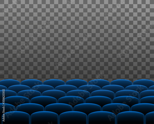 Rows of cyan cinema theater or auditorium seats in front of transparent background. Vector.