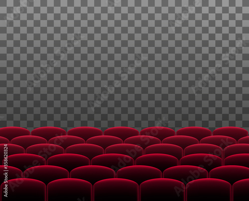 Rows of red cinema theater or auditorium seats in front of transparent background. Vector.