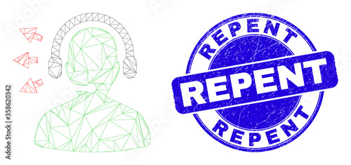 Web carcass operator talk pictogram and Repent seal stamp. Blue vector rounded distress stamp with Repent text. Abstract carcass mesh polygonal model created from operator talk pictogram.