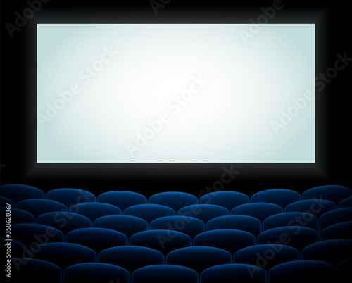 Interior of a cinema movie theatre, lecture hall with copyspace on the screen and rows of blue cinema or theater seats in front. Empty Cinema auditorium with white screen. Vector illustration. EPS 10.