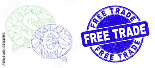 Web mesh financial chat pictogram and Free Trade watermark. Blue vector round grunge watermark with Free Trade caption. Abstract carcass mesh polygonal model created from financial chat pictogram.