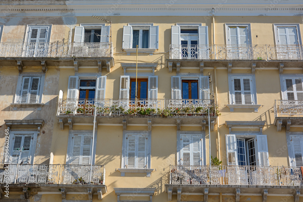 Traditional architecture of Corfu town, Grece. Close-up of the facade of an old buildings