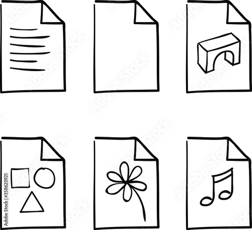 Pen sketch of documents with icons showing different media types. Text, 3D, drawing,photo, music.