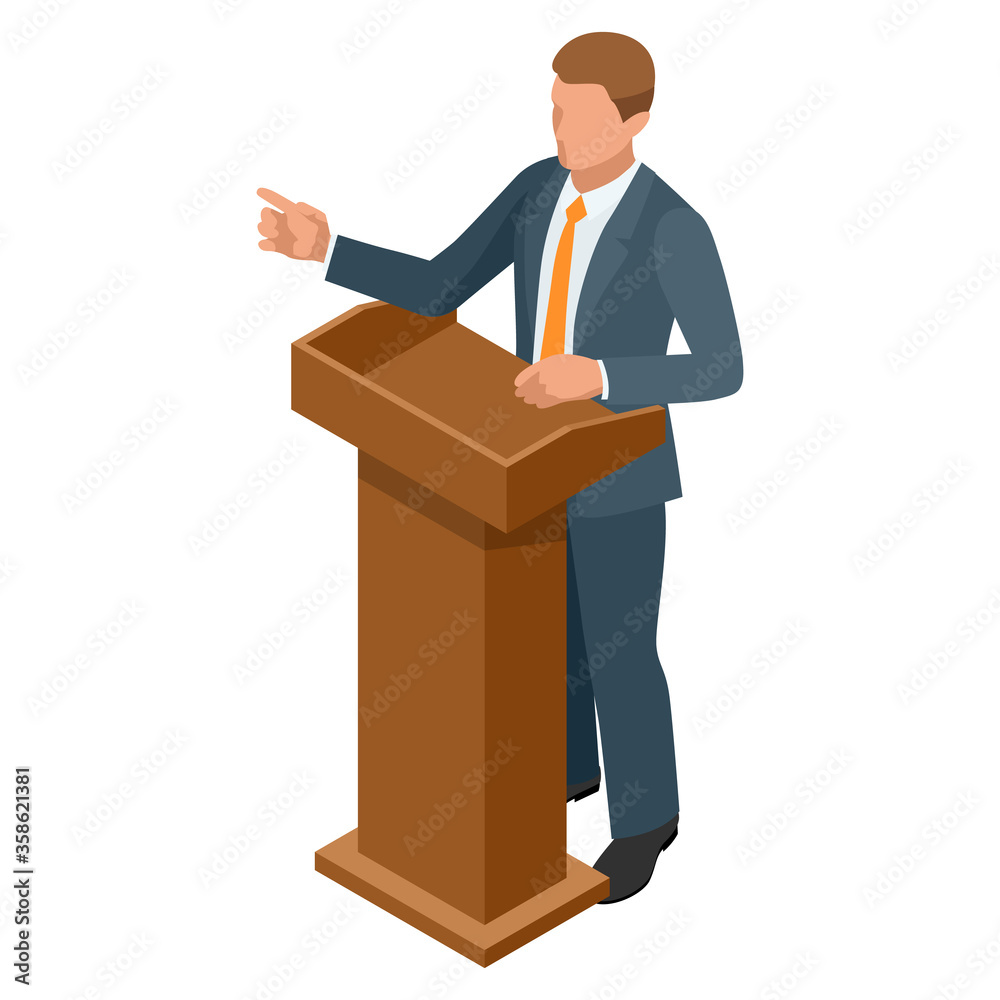 Isometric businessman isolated on write. Creating an office worker character, cartoon people. Business people. Tribune or pulpit for speaker official, president or professor. Isometric businessman isolated on write. Creating an office worker character, cartoon people. Business people. Tribune or pulpit for speaker official, president or professor.