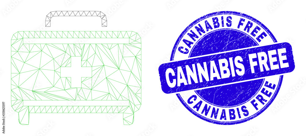 Web mesh first aid case icon and Cannabis Free seal stamp. Blue vector round textured seal stamp with Cannabis Free title. Abstract carcass mesh polygonal model created from first aid case icon.