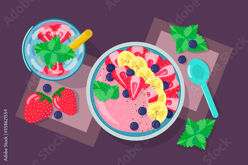 Smoothie bowl with water is summer breakfast