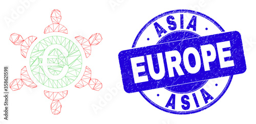 Web mesh euro people union pictogram and Asia Europe seal. Blue vector rounded distress seal with Asia Europe caption. Abstract carcass mesh polygonal model created from euro people union pictogram.