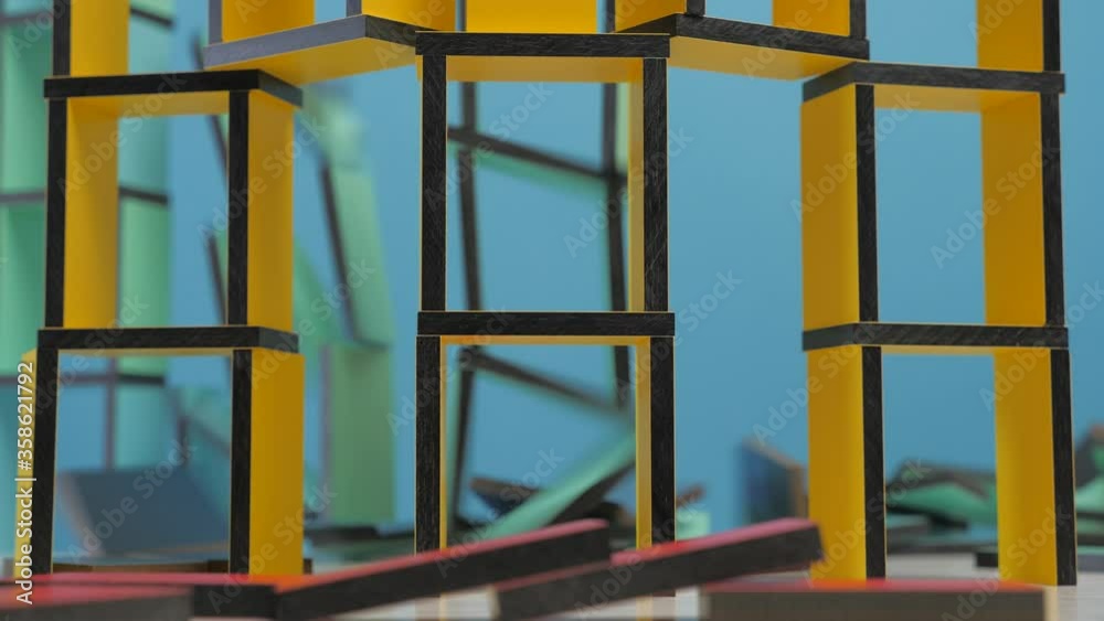 Conceptual domino building falling down, causing a domino effect. Concept of instability expressed through a principle of dominoes, falling of one of dominoes leads to falling of others of series
