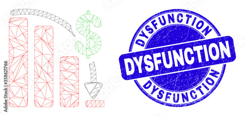 Web mesh financial epic fail chart pictogram and Dysfunction seal stamp. Blue vector rounded scratched seal with Dysfunction caption.