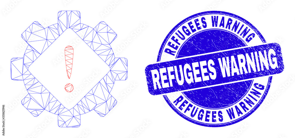 Web mesh gear warning icon and Refugees Warning seal. Blue vector rounded textured stamp with Refugees Warning caption. Abstract frame mesh polygonal model created from gear warning icon.