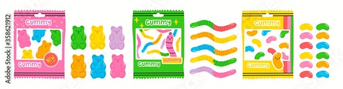 Colorful Fruity and tasty Sweets. Various Gummy and Jelly candies. Bears, Worms, Beans and packs. Hand drawn Vector set. Trendy illustrations. Cartoon style. All elements are isolated