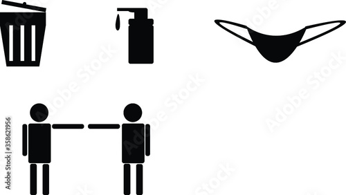 corona virus precautions symbolized . Waste bin, Hand sanitizer, face mask, social distance