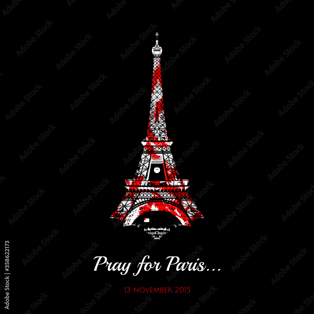 Vector Eiffel Tower, symbol de France with red spots. Tribute to the victims of the attack in Paris 13 November 2015 terrorist attack in Paris