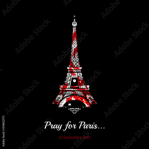 Vector Eiffel Tower, symbol de France with red spots. Tribute to the victims of the attack in Paris 13 November 2015 terrorist attack in Paris © nikelser