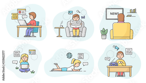 Breaking News Concept. Set Of Scenes With Characters Following News, Watching TV, Reading Newspapers And Monitoring Social Media, And Listening News. Cartoon Linear Outline Flat Vector Illustration