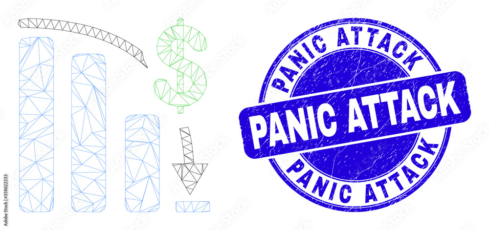 Obraz premium Web mesh bankruptcy bar chart icon and Panic Attack watermark. Blue vector rounded scratched watermark with Panic Attack text.