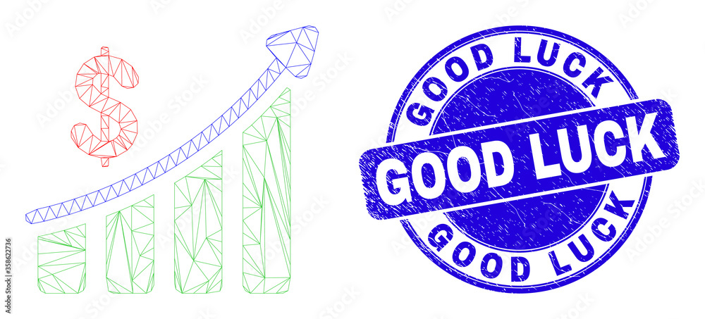 Web mesh success financial chart icon and Good Luck seal stamp. Blue vector round distress seal stamp with Good Luck text.
